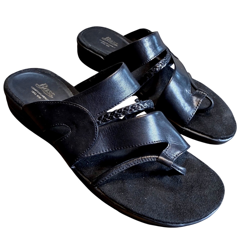 GH Bass Womens Black Leather Braided Strappy Toe Loop Wedge Slide Sandals 9M - Picture 2 of 9